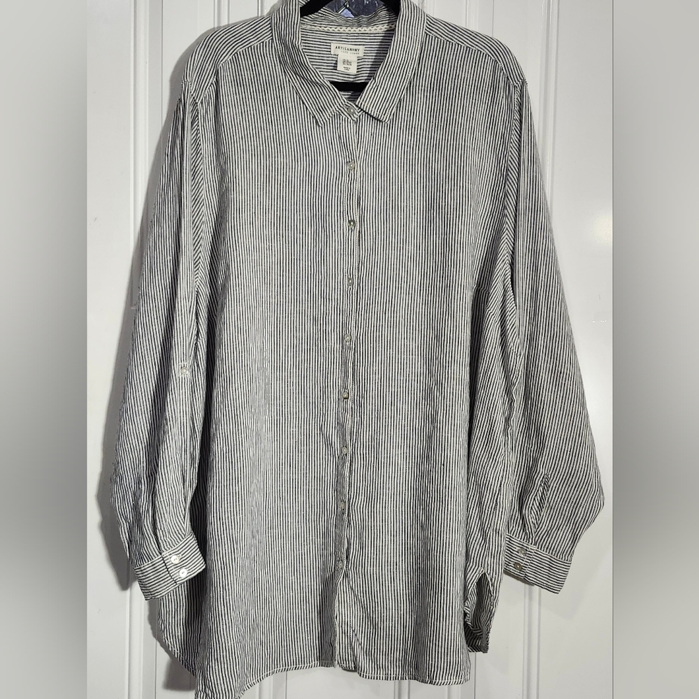 Artisan NY 100% linen blue striped long sleeve button down shirt women's size 3x